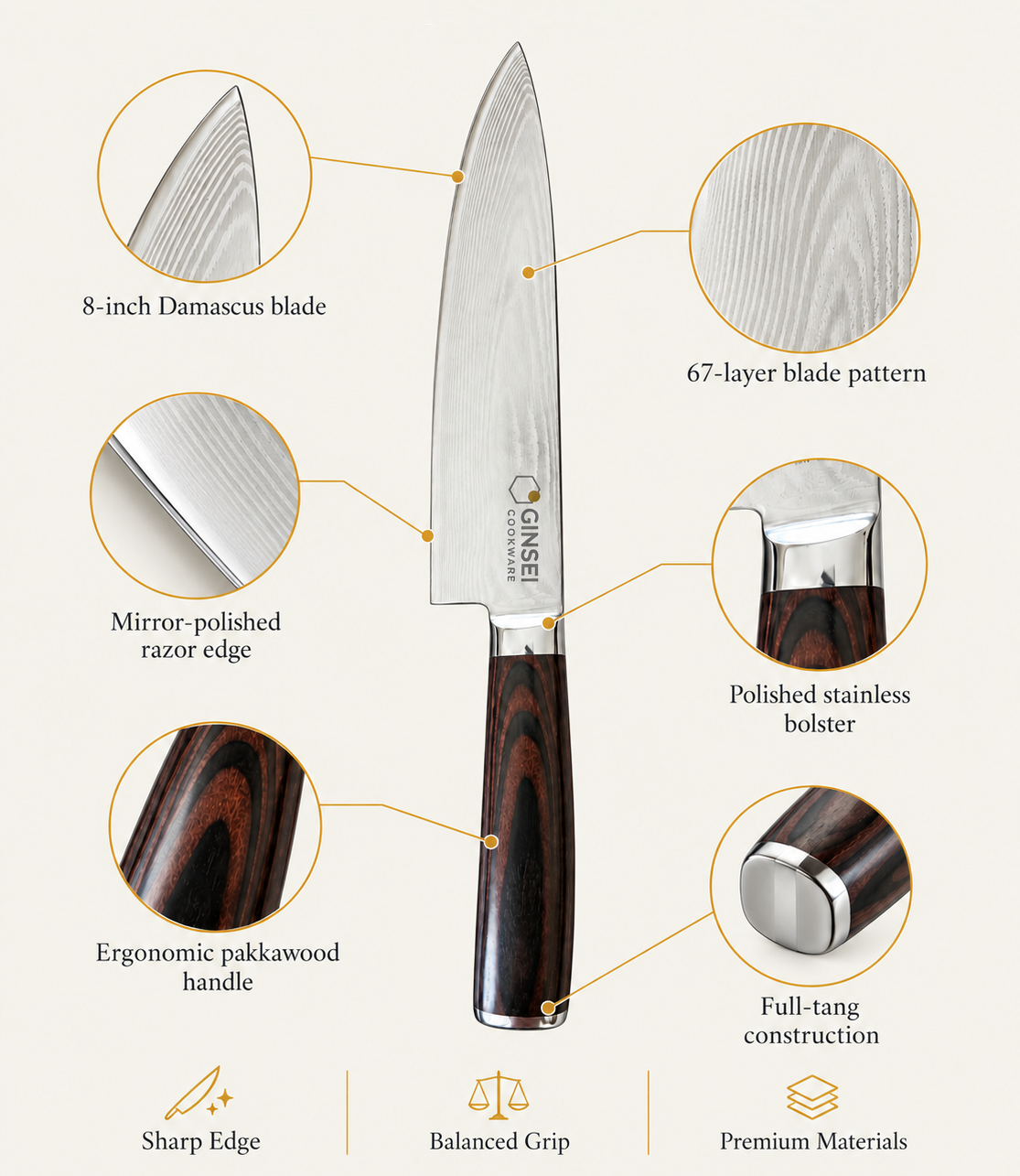 GINSEI chef’s knife specifications: 8-inch 67-layer Damascus blade, mirror-polished edge, polished stainless bolster, ergonomic pakkawood handle, full-tang construction